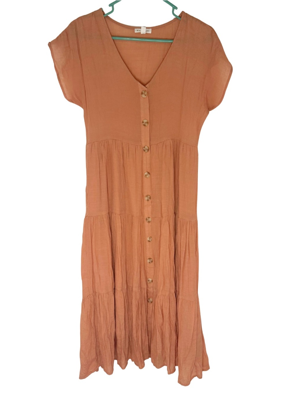 Blu Pepper Rust Orange Button Down Tiered Short Sleeve Midi Dress - Picture 1 of 4